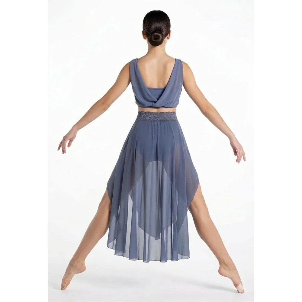 Capezio Slate Blue Mesh Cowl‎ Neck Crop Top and Lace Waistband Skirt CS